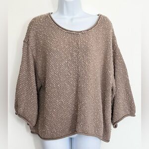 Free People Sweater Large Taupe Oversized Slouchy Boho Popcorn Nubby 3/4 Sleeve
